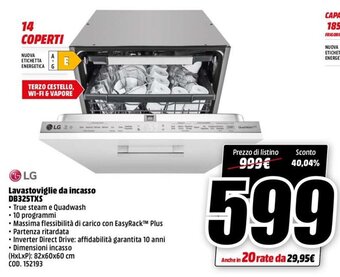 MediaWorld LG Lavastoviglie da incasso DB325TXS offerta