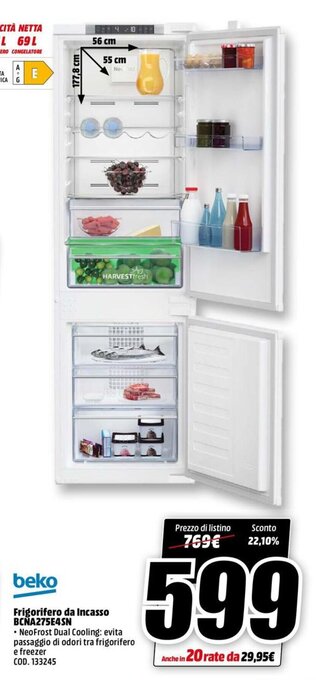 MediaWorld beko Frigorifero da Incasso BCNA275E4SN offerta