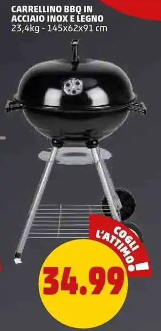 PENNY Carrellino BBQ in Acciaio Inox e Legno 23,4 kg - 145x62x91 cm offerta