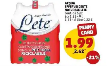 PENNY Lete Acqua Effervescente Naturale Lete 6 pz 9 L offerta
