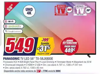 Trony Panasonic TV OLED 58" TX-58JX800E offerta