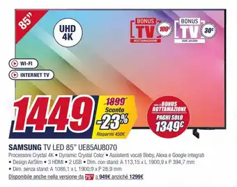 Trony Samsung TV LED 85" UE85AU8070 offerta