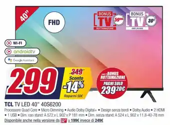 Trony TCL TV LED 40" 40S6200 offerta