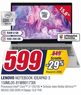 Trony Lenovo Notebook IDEAPAD 3 15IML05 81WB0173IX offerta