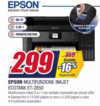 Trony Epson Multifunzione Inkjet Ecotank ET-2850 offerta