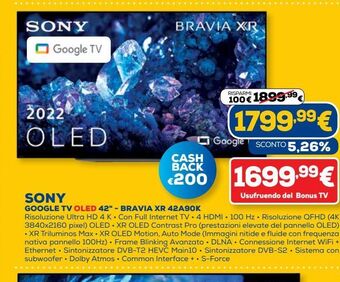 Euronics Sony google tv oled 42 '' - bravia xr 42a90k offerta