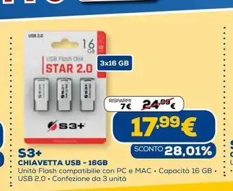 Euronics S3+ chiavetta usb - 16 gb offerta