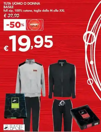 Tuta uomo o donna basile full zip, 100% cotone, taglie dalla m alla xxl