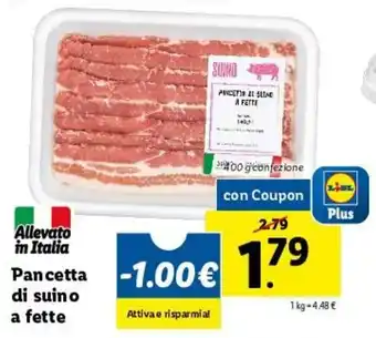 Lidl Allevato in Italia Pancetta di suin o a fette 400g offerta