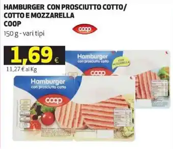 Coop Coop Hamburger con prosciutto cotto/cotto e mozzarella 150 g offerta