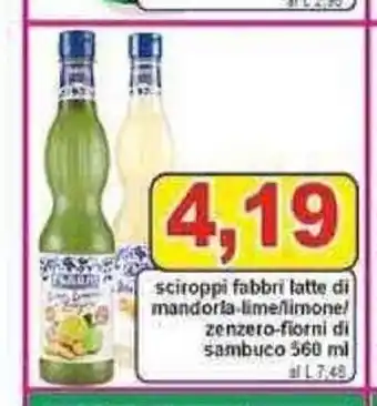 Pewex Sciroppo fabbri latte di mandoria - lime/limone/zenzero - fiorni di sambuco 560 ml offerta