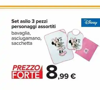 Carrefour Iper Set asilo 3 pezzi personaggi assortiti bavaglio asciugamano sacchetta offerta