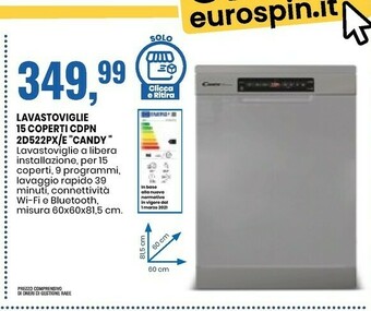 Eurospin Candy CDSN 2D520PX/E Lavastoviglie A Scomparsa Totale 15 Coperti A++ offerta