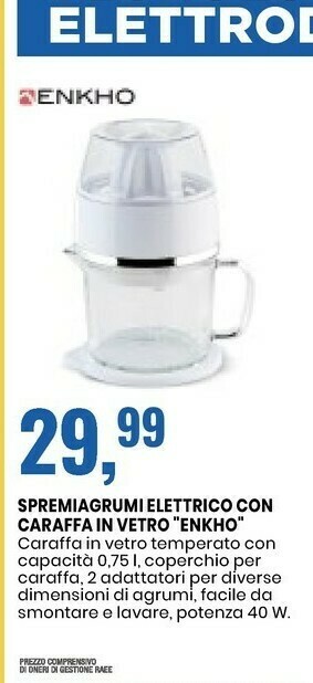 Eurospin Enkho Spremiagrumi Elettrico Con Caraffa In Vetro offerta