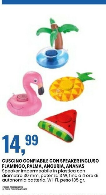 Cuscino Gonfiabile Con Speaker Flamingo/ Palma/ Anguria/ Ananas