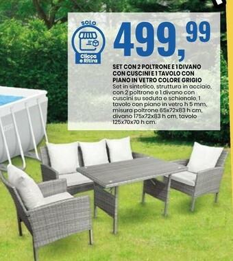 Eurospin Set Con 2 Poltrone E 1 Divano Con Cuscini E 1 Tavolo Con Piano In Vetro Colore Grigio offerta
