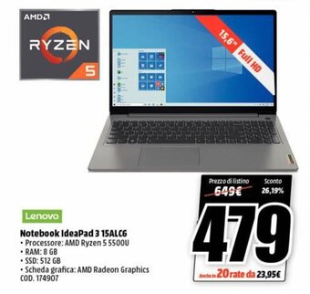 MediaWorld Lenovo Notebook IdeaPad 3 15ALC6 offerta