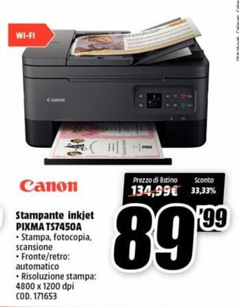 MediaWorld Canon Stampante inkjet PIXMA TS7450A offerta