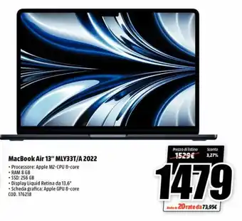 MediaWorld MacBook Air 13" MLY33T/A 2022 offerta