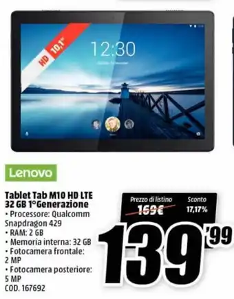 MediaWorld Lenovo Tablet Tab M10 HD LTE 32 GB 1° Generazione offerta
