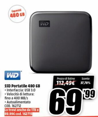 MediaWorld WD SSD Portatile 480 GB offerta