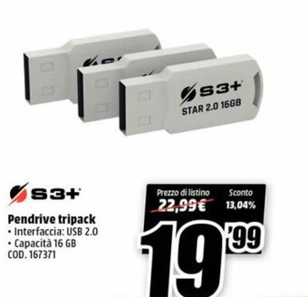 MediaWorld S3+ Pendrive tripack offerta