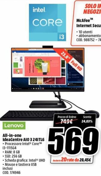 MediaWorld Lenovo All-in-one IdeaCentre AIO 3 24ITL6 offerta