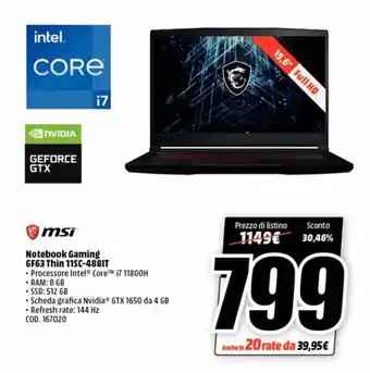 MediaWorld MSI Notebook Gaming GF63 Thin 11SC-488IT offerta