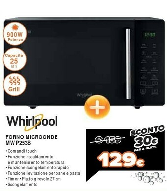 Expert Whirlpool MWP 253 B Superficie Piana Microonde Con Grill 25 L 900 W Nero offerta