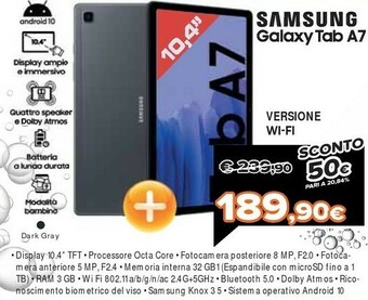 Expert Samsung Galaxy Tab A7 32 GB 26,4 Cm (10.4") 3 GB Wi-Fi 5 (802.11ac) Grigio offerta