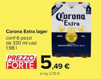 Carrefour Corona Extra lager 6 pezzi 330 ml cad 1,98 l offerta