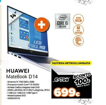 Expert Huawei MateBook D14 DDR4-SDRAM Computer Portatile 35,6 Cm (14") 1920 X 1080 Pixel Intel® Core™ I5 Di Decima Generazione 16 GB offerta