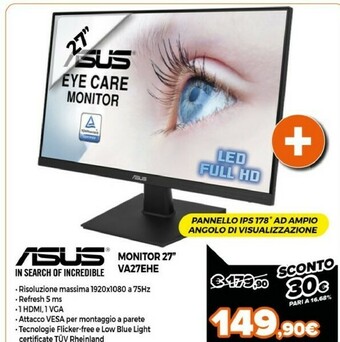 Expert Asus VA27EHE 68,6 Cm (27") 1920 X 1080 Pixel Full HD LED Nero offerta