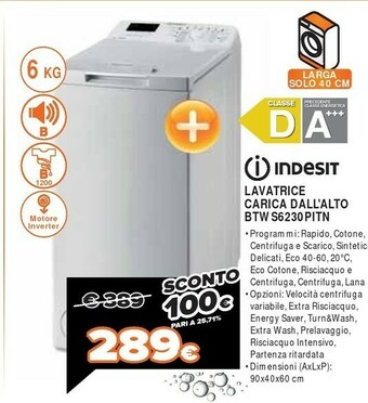 Expert Indesit BTW S6230P IT/N Lavatrice Libera Installazione Caricamento Dall'alto 6 Kg 1200 Giri/min D Bianco offerta