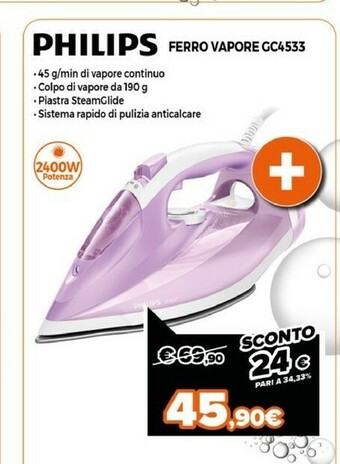 Expert Philips Azur GC4533/37 Ferro Da Stiro Ferro A Vapore SteamGlide 2400 W Rosa offerta