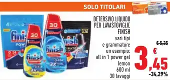 Finish Detersivo Liquido Per Lavastoviglie All in 1 Power Gel Lemon 600 ml 30 Lavaggi