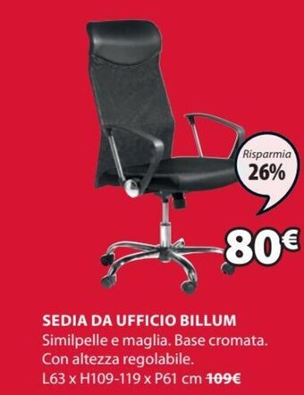 Sedia da Ufficio Billum L63 x H109-119 x P61 cm