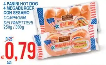 MD Discount Compagnia dei Panettieri 4 Panini Hot Dog 4 Megaburger con sesamo 250g / 300g offerta