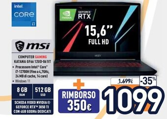 Unieuro msi Computer Gaming Katana GF66 12UD-061IT offerta