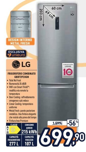 Unieuro LG Frigorifero Combinato GBB72PZUGN offerta