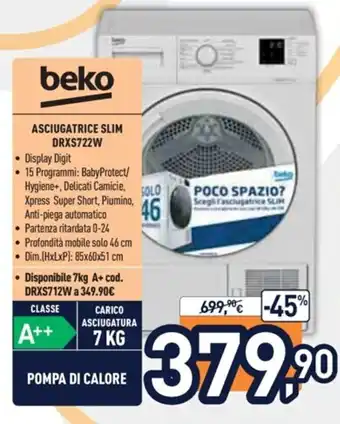 Unieuro beko Asciugatrice Slim DRXS722W offerta