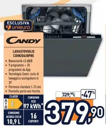 Unieuro Candy Lavastoviglie CDIN2D620PBE offerta