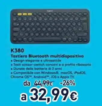 Unieuro logitech K380 Tastiera Bluetooth multidispositivo offerta