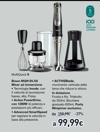 Unieuro Braun MultiQuick 9 MQ 9125 XS 0,35 L Frullatore Ad Immersione 1200 W Nero, Acciaio Inossidabile offerta