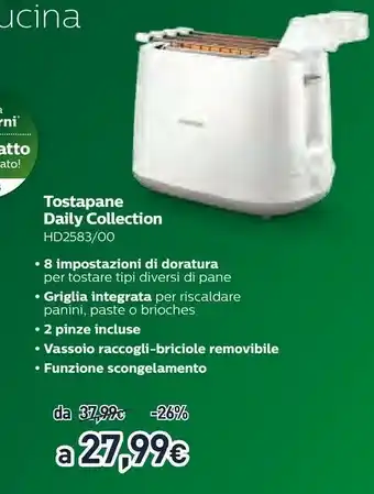 Unieuro Philips Daily Collection Tostapane Con Griglia Scaldabrioche HD2583/00, 8 Impostazioni, Vassoio Raccogli Briciole offerta
