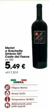 Carrefour Market Coste Del Faena Merlot/ Grechetto Umbria IGT offerta