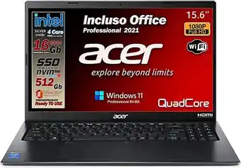 Amazon Acer notebook athlon 3050u, ram da 24 gb ddr4, ssd da 500 gb, display led full hd da 15,6 web cam, 3 usb, hdmi, bt, lan,w... offerta