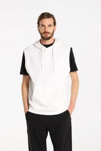 Felpa smanicata con cappuccio e marsupio panna