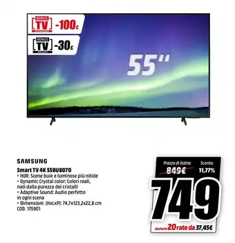 MediaWorld Samsung Smart TV 4K 55BU8070 offerta