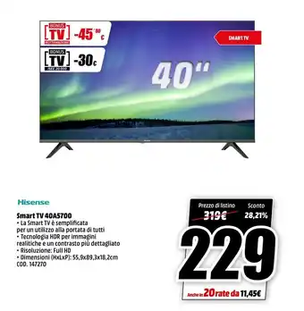 MediaWorld Hisense Smart TV 40A5700 offerta